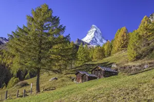Huts on the pastures of Zermatt surrounded by yellowed larches and the Matterhorn
