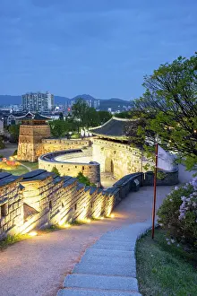City Walls Prints: Hwaseomun Gate of Hwaseong Fortress (UNESCO World Heritage Site) at dusk