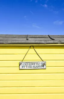 Grassland Collection: 'I do like to be beside the seaside' traditional beach hut on Littlestone beach, Kent, England