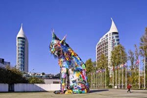Images Dated 21st April 2021: The Iberian lynx on display in the Parque das Nacoes garden, made from trash