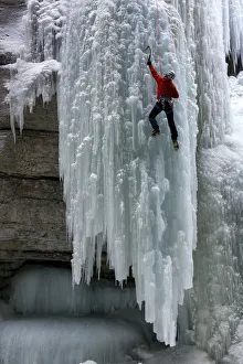 Icicles Prints: Ice Climber in Maligne Canyon, Jasper National Park, Aberta, Canada