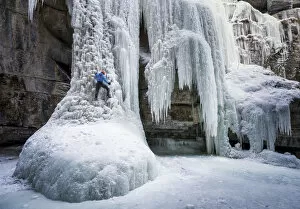Freezing Gallery: Ice Climber on the Queen Frozen Waterfall, Maligne Canyon, Jasper National Park, Alberta