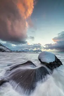 Flakstadoya Prints: Ice on rocks in the rough sea, Vikten, Flakstad municipality, Lofoten Islands, Norway