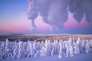 Finish Prints: Ice sculptures wrapped in snow in the surreal winter landscape at dawn