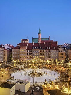 Street Scene Collection: Ice Skating Rink at dusk, elevated view, Old Town Main Market Square, Warsaw