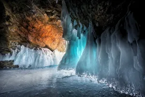 Desolation Prints: Ice stalactites in a cave at the shore at lake Baikal, Irkutsk region, Siberia, Russia