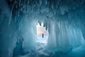 Images Dated 30th May 2018: Ice stalactites in a cave at the shore at sunset at lake Baikal, Irkutsk region, Siberia