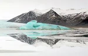 Iceberg Prints: Iceberg and snow covered mountains reflecting in glacial water