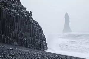 Images Dated 28th May 2014: Iceland, Basalt columns on the Viks beach and cliffs wrapped in mist