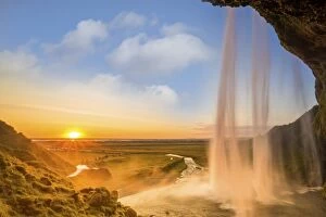 Natural Gallery: Iceland, Seljalandsfoss at sunset, waterfall and sun
