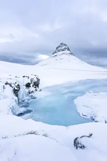 Kirkjufell Prints: Iceland: Snaefellsnes peninsula: frozen waterfall under the Kirkjufell