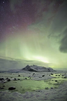 Iceland, South Iceland, Aurora borealis above the Jokulsarlon lagoon