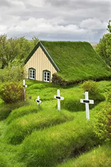 Grave Prints: Iceland; South Iceland; Hofskirkja, Turf church and graveyard