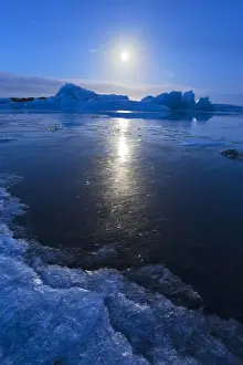 Iceland, South Iceland, Moonlght in Jokulsarlon lagoon