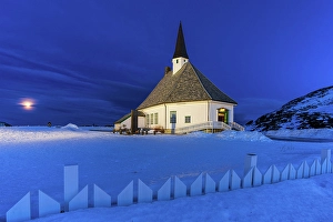 Moon Prints: Iconic church of Hasvik, Soroya island, Troms og Finnmark, Northern Norway