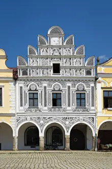Central European Prints: Iconic house with arcades and high gable at Zacharias of Hradec Square, UNESCO, Telc