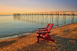 Play Prints: Iconic pier on Lake Winnipeg with Muskoka chairs. Matlock, Manitoba, Canada