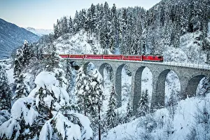 Railway Track Prints: Iconic Swiss red train traveling in the snowy woods from Filisur to Tiefencastel railway station