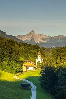 The iconic Wamberg Church, with Mount Alpspitze and Zugspitze beyond, Wamberg