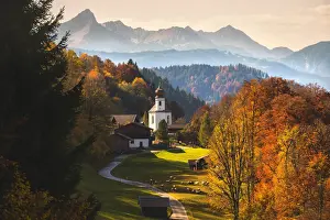 Roads Prints: The iconic Wamberg Church, with Mount Waxenstein on the background
