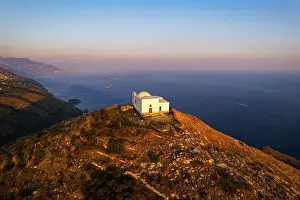 Horizon Over Water Prints: Iconic white church of San Costanzo on top of the mountain surrounding Amalfi coast