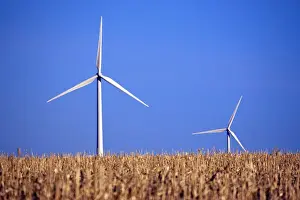 Energy Prints: Idaho, USA. Wind turbines in a field on the Iowa prairie in the American Midwest