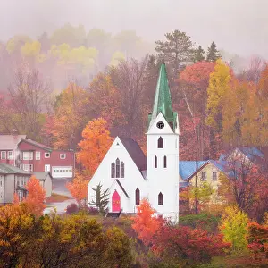 Rustic Prints: Idyllic Church in Brighton Vermont on a foggy and moody late Fall Day
