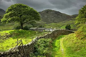 September Prints: Idyllic farm and countryside view with dry stone wall in the Langdale Valley