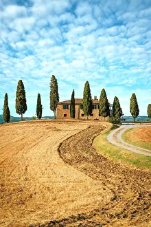 Val Dorcia Prints: Idyllic farmhouse surrounded by cypress trees in the Tuscan countryside