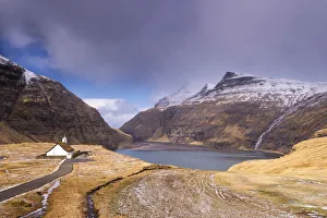 Saksun Prints: Idyllic grass roofed church in picturesque Saksun, Faroe Islands, Denmark, Europe