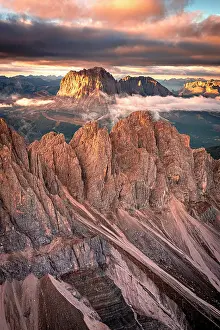 South Tyrol Prints: Idyllic sky with clouds at sunset over Puez Odle Nature Park and Sassolungo in autumn