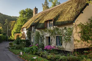 Idyllic thatched cottage in the village of Dunster, Exmoor National Park, Somerset, England. Autumn (October) 2022