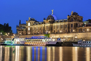 Saxony Prints: Illuminated Academy of Fine Arts by Elbe River at twilight, Dresden, Saxony, Germany