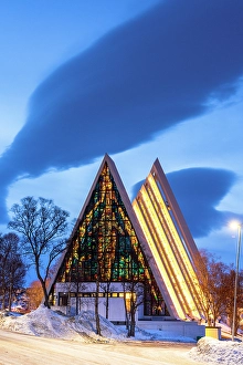 Fjord Prints: Illuminated Arctic Cathedral in the snowy landscape, Tromso, Norway