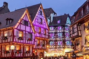 Half Timbered Prints: Illuminated buildings at Christmas, Colmar, Alsace, Haut-Rhin, Grand Est, France
