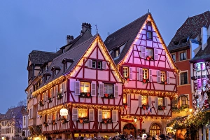 Half Timbered Prints: Illuminated buildings at Christmas, Colmar, Alsace, Haut-Rhin, Grand Est, France