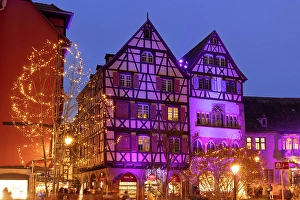 Half Timbered Prints: Illuminated buildings at Christmas, Colmar, Alsace, Haut-Rhin, Grand Est, France
