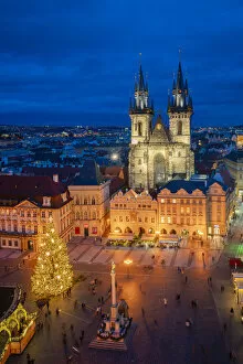 Old Town Square Collection: Illuminated Church of Our Lady before Tyn in city at twilight, Old Town of Prague, Prague