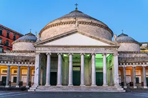 Portico Prints: Illuminated colonnade and facade of Basilica di San Francesco di Paola at dusk