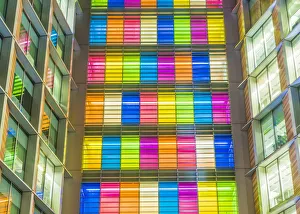 Patterned Prints: Illuminated colourful office windows, London, England, UK