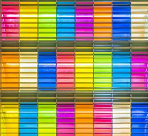 Pattern Prints: Illuminated colourful office windows, London, England, UK