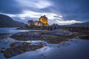 Non Urban Scene Prints: Illuminated Eilean Donan Castle at dusk, The Highlands, Scotland, United Kingdom