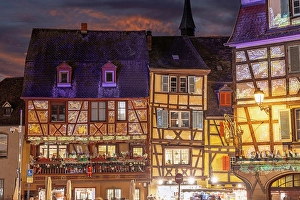 Half Timbered Prints: Illuminated half-timbered buildings at Christmas