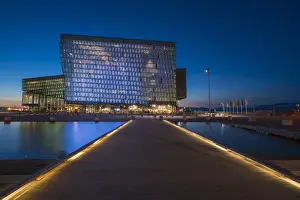 Concert Hall Prints: Illuminated Harpa Concert Hall and Conference Center at night, Reykjavik, Iceland