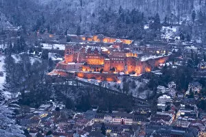 Illuminated Heidelberg castle and old town in winter, Baden-Wurttemberg, Germany