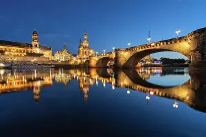 Saxony Prints: Illuminated Oberlandesgericht Dresden and Dresden Cathedral near Augustus Bridge over Elbe River at twilight