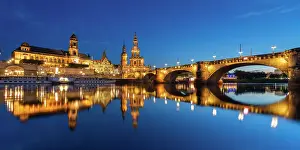 Saxony Prints: Illuminated Oberlandesgericht Dresden and Dresden Cathedral near Augustus Bridge over Elbe River at twilight