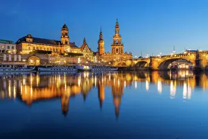 Saxony Prints: Illuminated Oberlandesgericht Dresden near Augustus Bridge and Dresden Cathedral over Elbe River at twilight