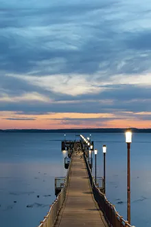 Images Dated 3rd January 2023: Illuminated Pier Wendorf at dawn, Wismar, Nordwestmecklenburg, Mecklenburg-Western Pomerania