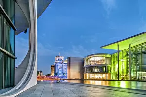 Images Dated 29th April 2016: Illuminated Reichstag and Paul Lobe Haus, River Spree, Berlin, Germany